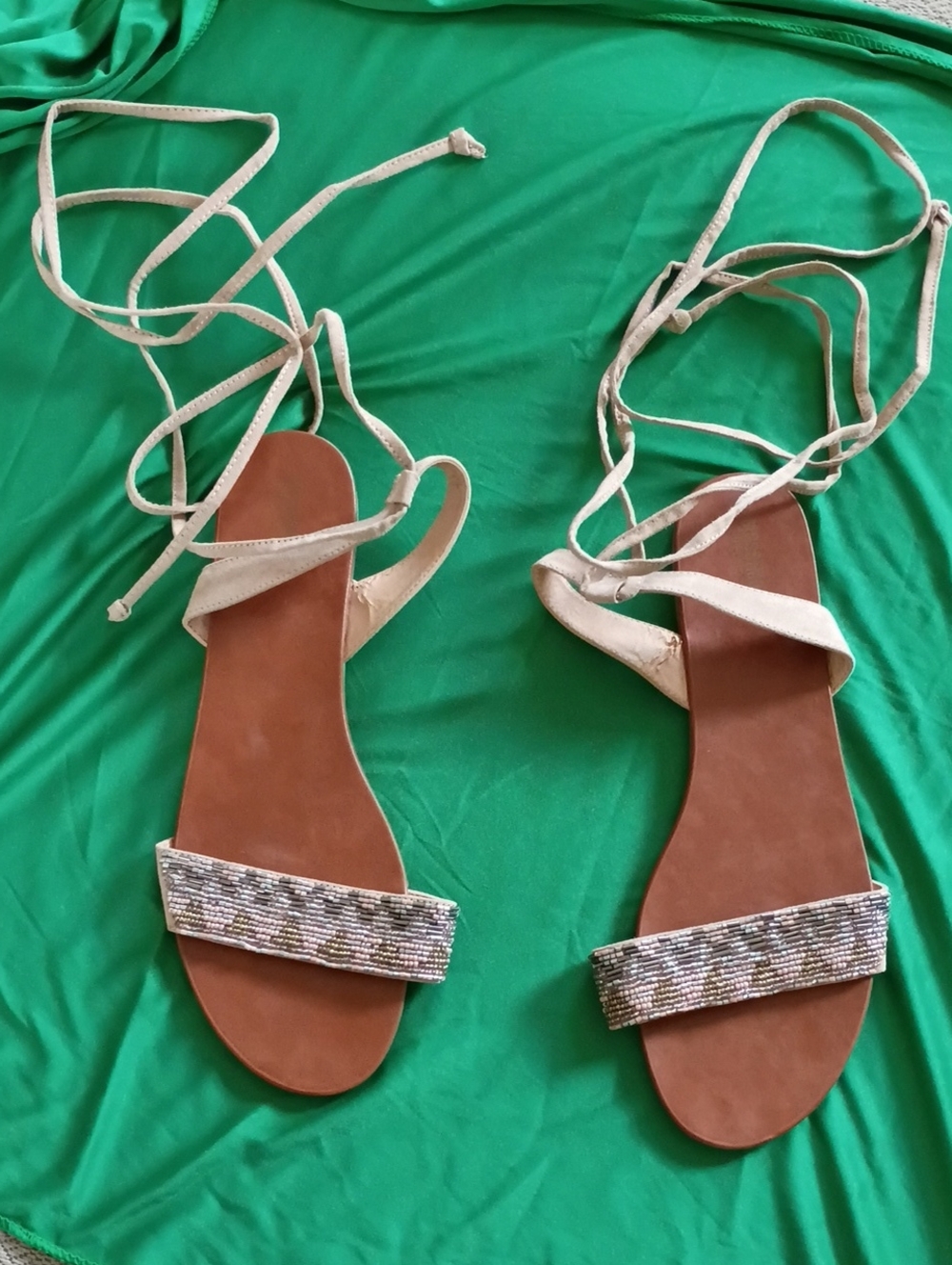 Mossimo Supply Co. Tan Lace-Up Sandals with Beaded Front Strap